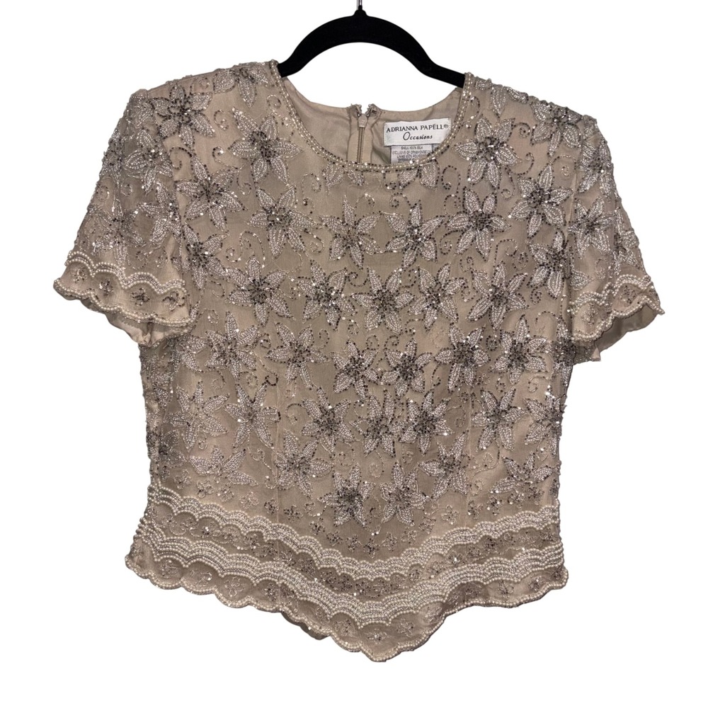 Beaded Silk Floral Adrianna Papell Occasions Blouse Womens P10 Champagne